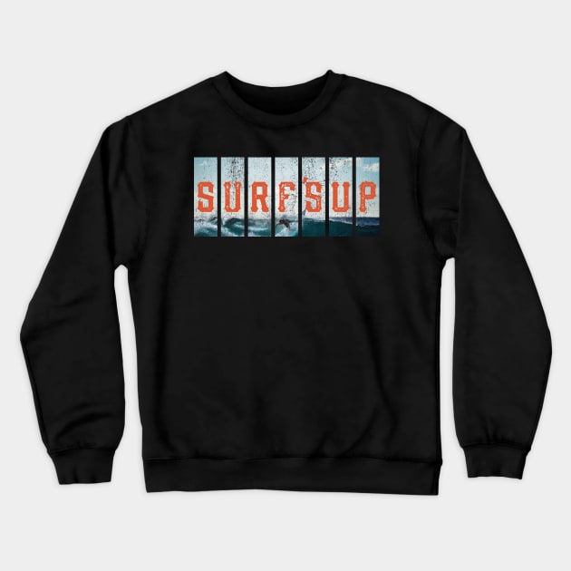 Hang 10 Surfs Up Beach Retro Distressed Surfing Crewneck Sweatshirt by lucidghost